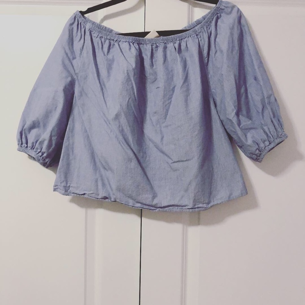 {anthropologie} blue striped off the shoulder top